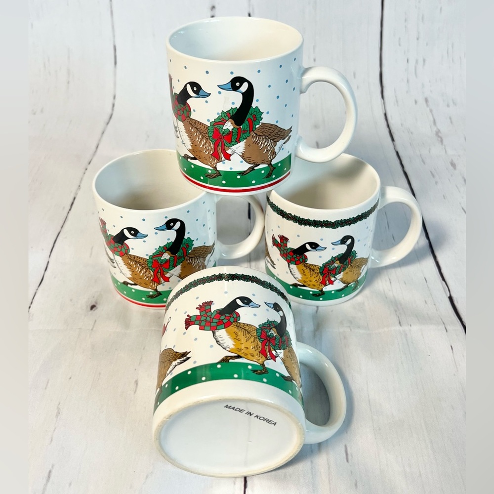 Vtg 80s Christmas Geese Mugs Set of 4, Japan & Korea, Cottagecore Holiday Decor